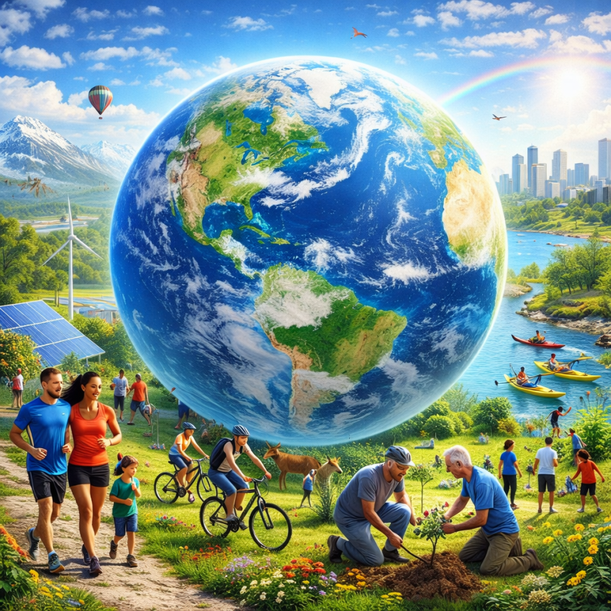 Groups of people jogging, cycling, planting trees, and kayaking by a large Earth globe