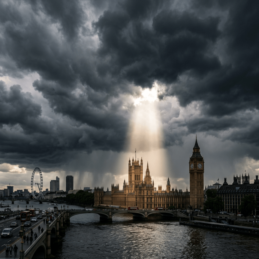 Sunlight shines through dark storm clouds onto the Houses of Parliament and Big Ben in London, with the River Thames and London Eye visible.