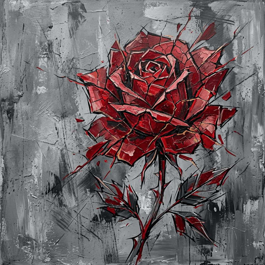 Abstract red rose with fragmented, shattered petals on a textured gray background