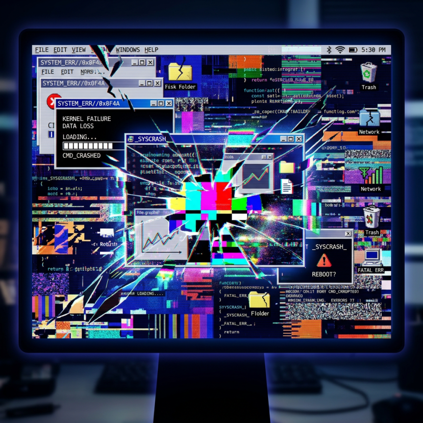 Computer screen with kernel failure, data loss, and system error messages on a cracked display