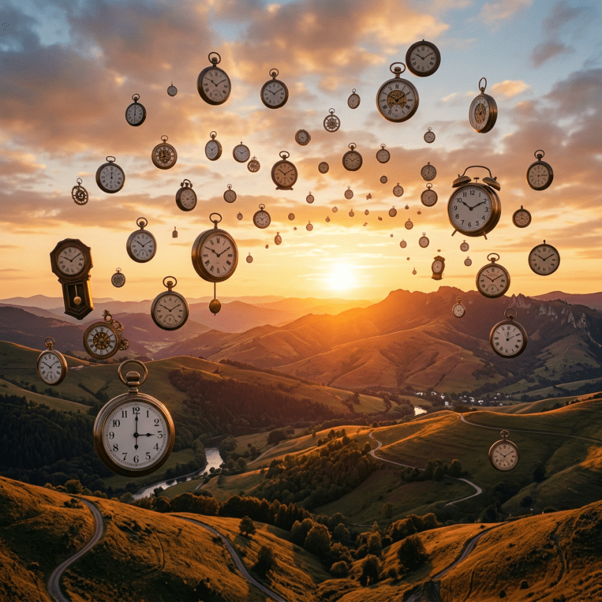 Various antique pocket watches and clocks floating in the sky over a sunlit valley with hills and winding roads.