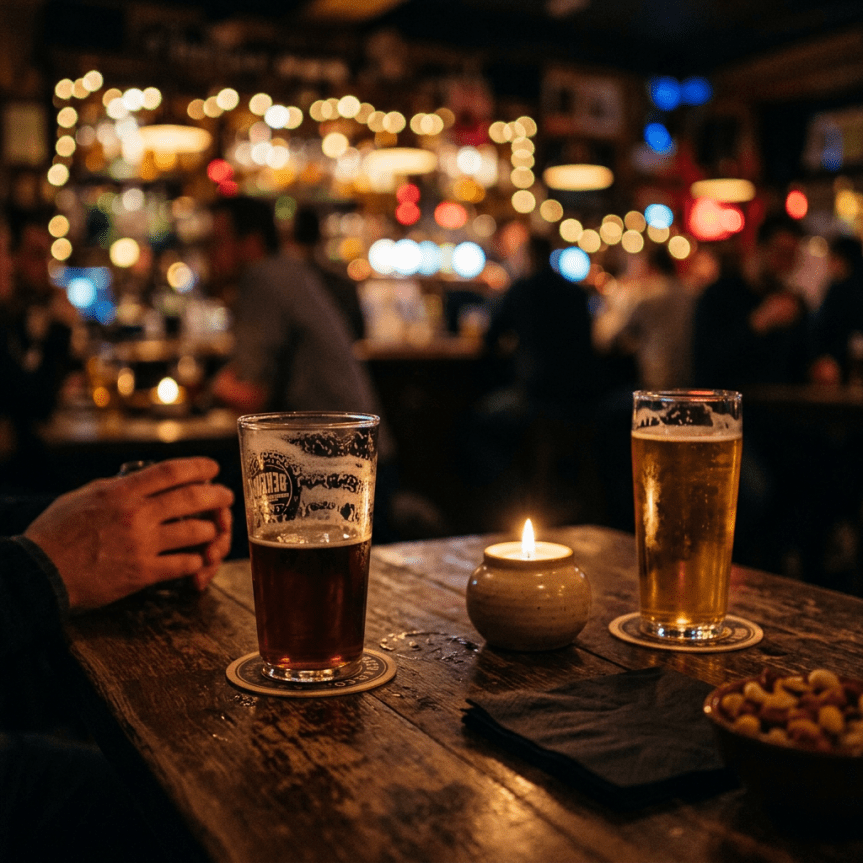 Two glasses of beer on a wooden table with a lit candle and bowl of nuts in a cozy pub