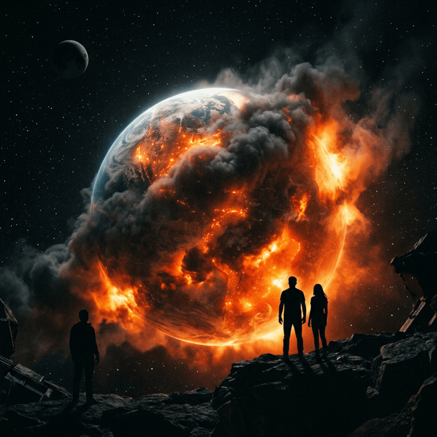 Silhouettes of three people standing on rocky terrain observing Earth covered in fiery explosions and thick smoke in space