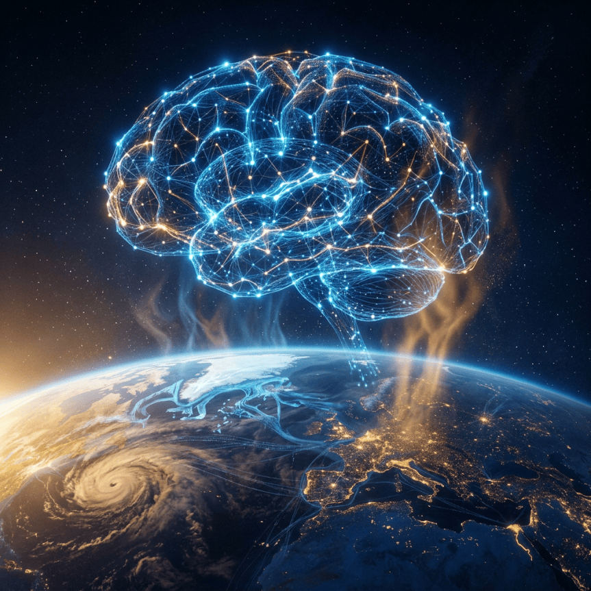 Glowing neural network brain above Earth with climate patterns and city lights