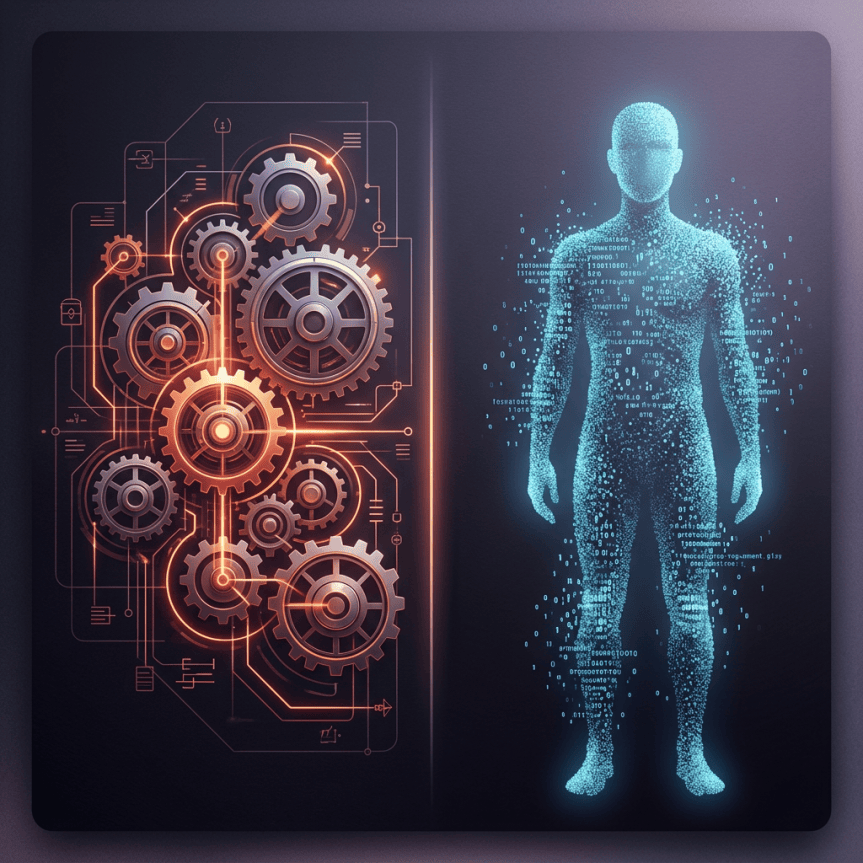Digital human figure beside interconnected glowing mechanical gears