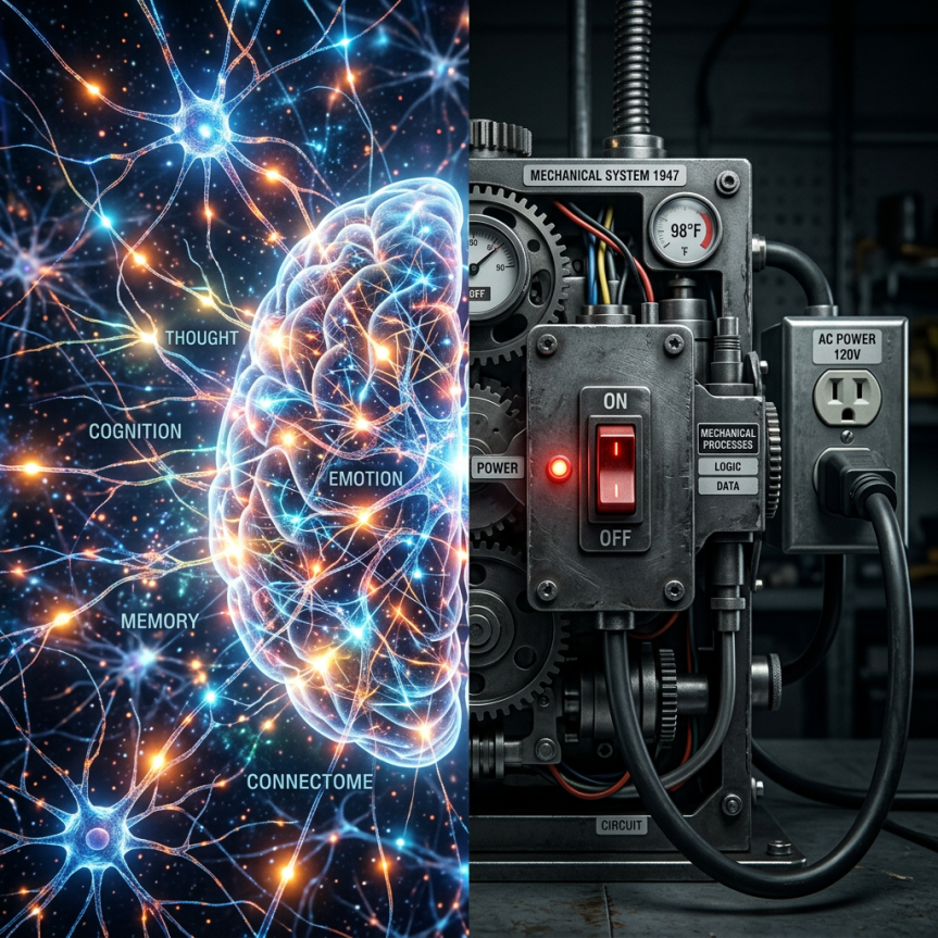 Split image of glowing brain labeled THOUGHT, COGNITION, EMOTION, MEMORY, and CONNECTOME beside machinery labeled MECHANICAL SYSTEM 1947, ON, OFF, POWER, MECHANICAL PROCESSES, LOGIC, DATA, AC POWER 120V, and CIRCUIT.