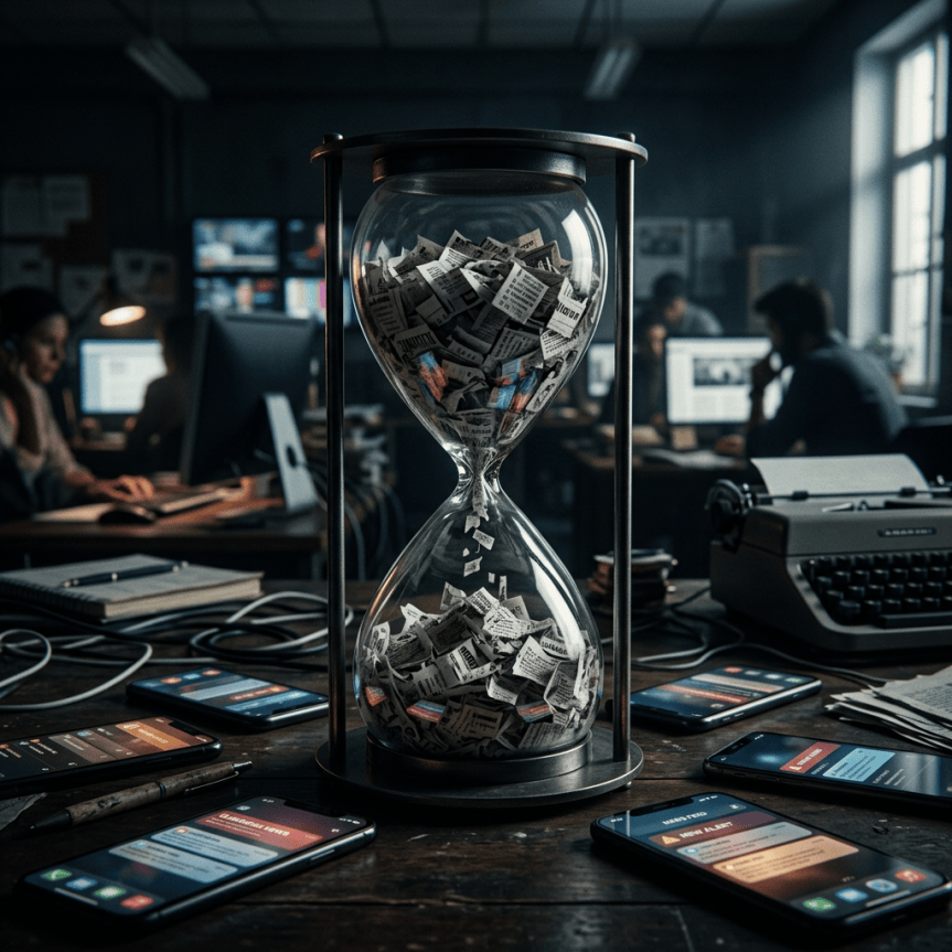 Hourglass filled with newspaper scraps surrounded by smartphones in a newsroom