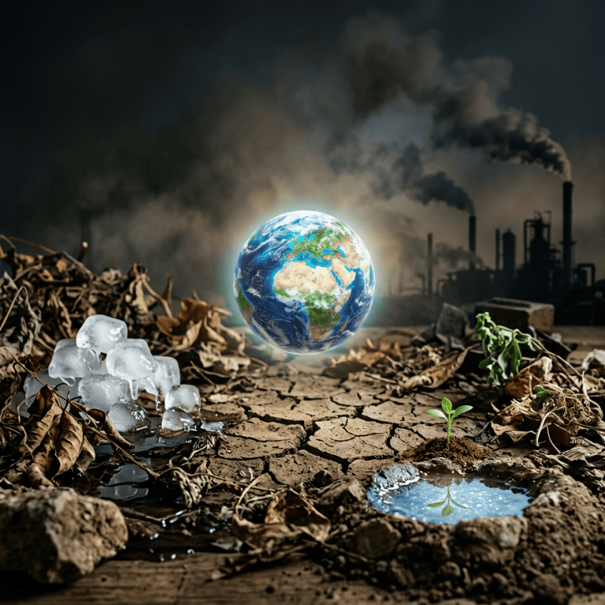 Glowing Earth above cracked polluted ground with melting ice and new plant growth