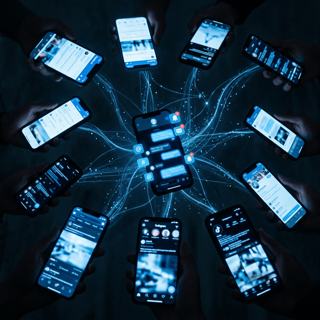 Glowing smartphones showing blurred social feeds