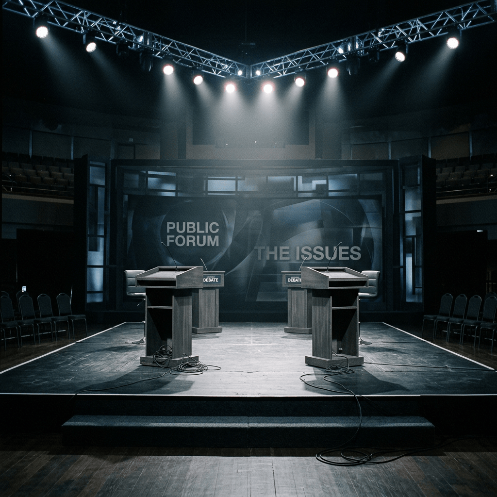 Empty debate stage under harsh overhead lighting