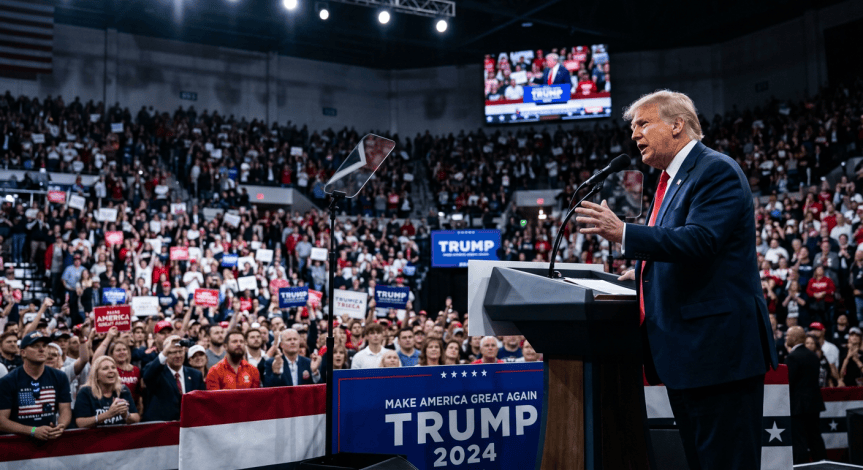 Trump speaking at a political rally