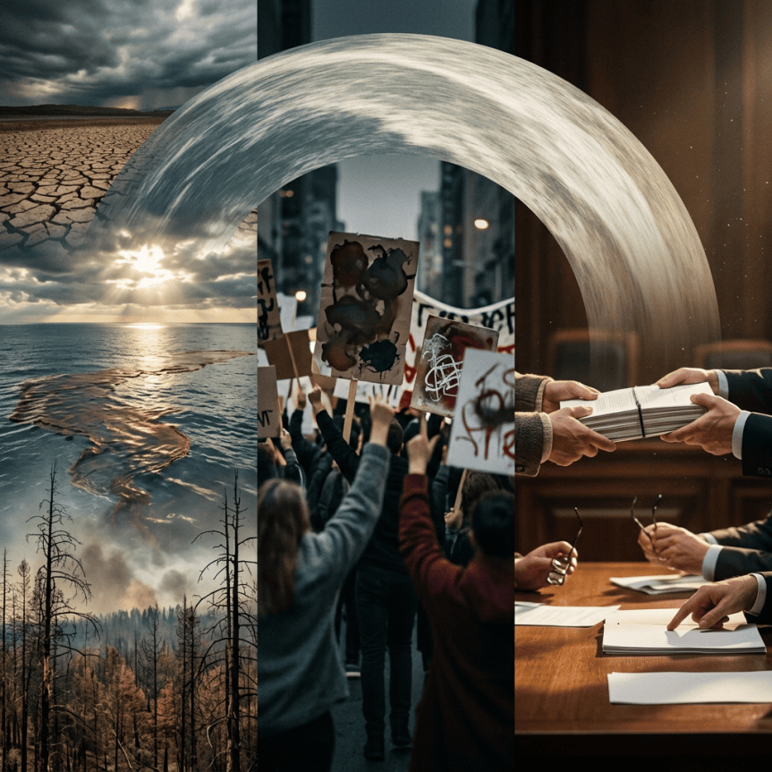 Surreal collage of drought, wildfire damage, climate protest, and officials exchanging documents