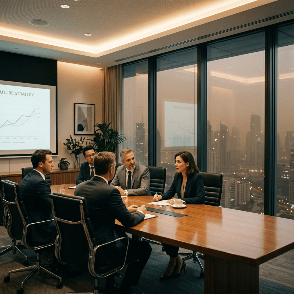 Four business professionals discussing strategy in a high-rise conference room
