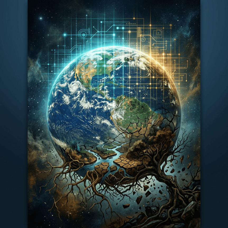Earth surrounded by digital circuits above cracked land and exposed roots