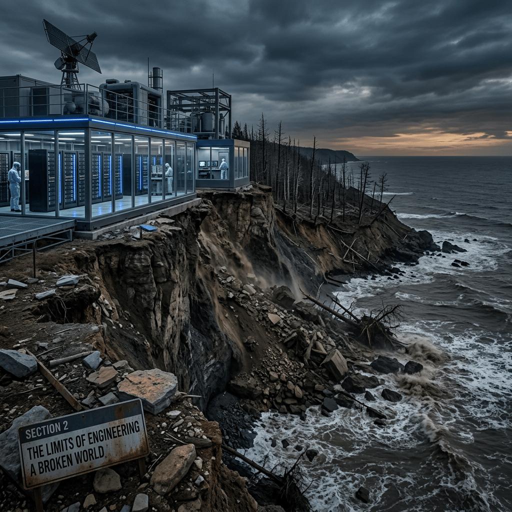 Coastal data facility above collapsing cliffs; sign reads “SECTION 2 THE LIMITS OF ENGINEERING A BROKEN WORLD.”