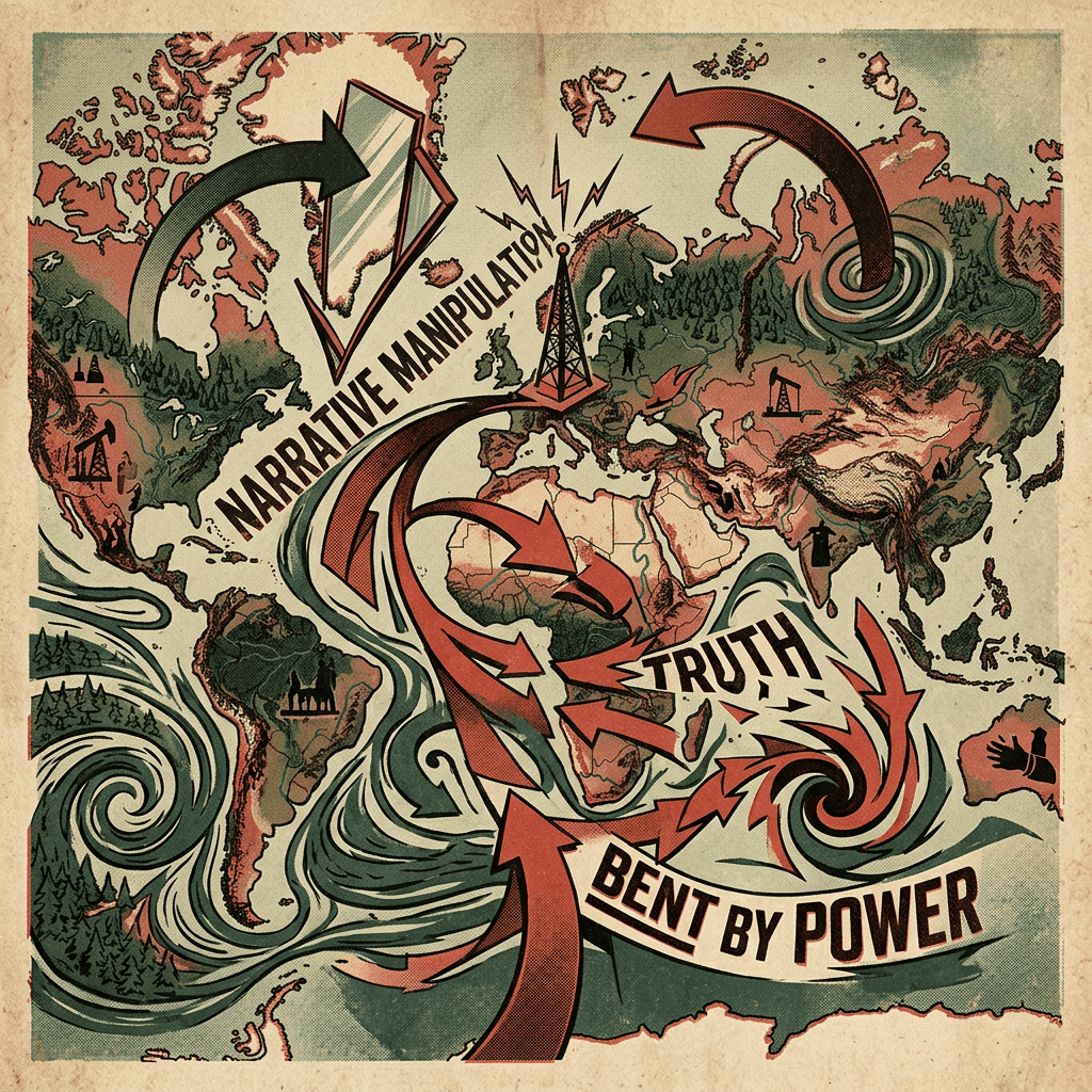 Map labeled NARRATIVE MANIPULATION, TRUTH, and BENT BY POWER
