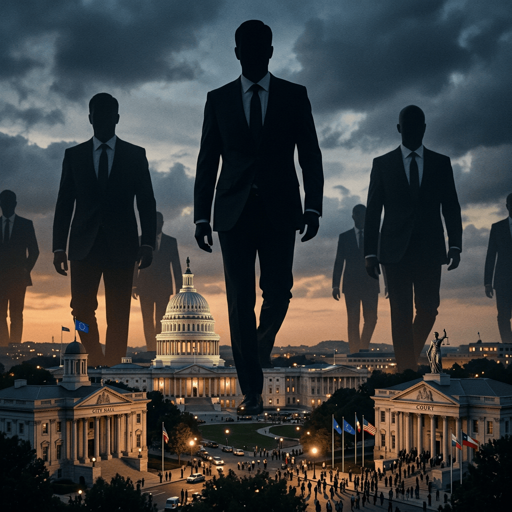 Silhouetted businesspeople towering over the U.S. Capitol and civic buildings