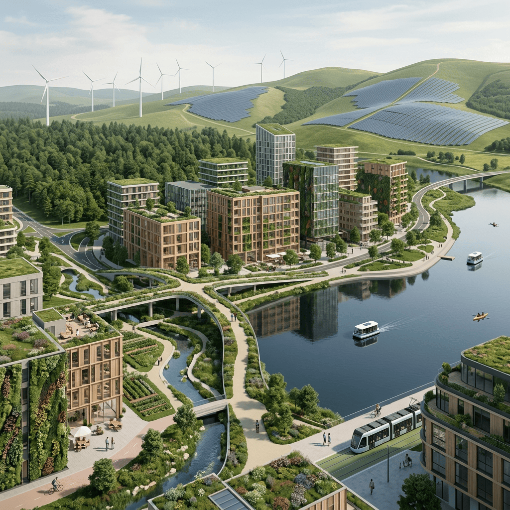 Sustainable waterfront city with green buildings, solar panels, and wind turbines