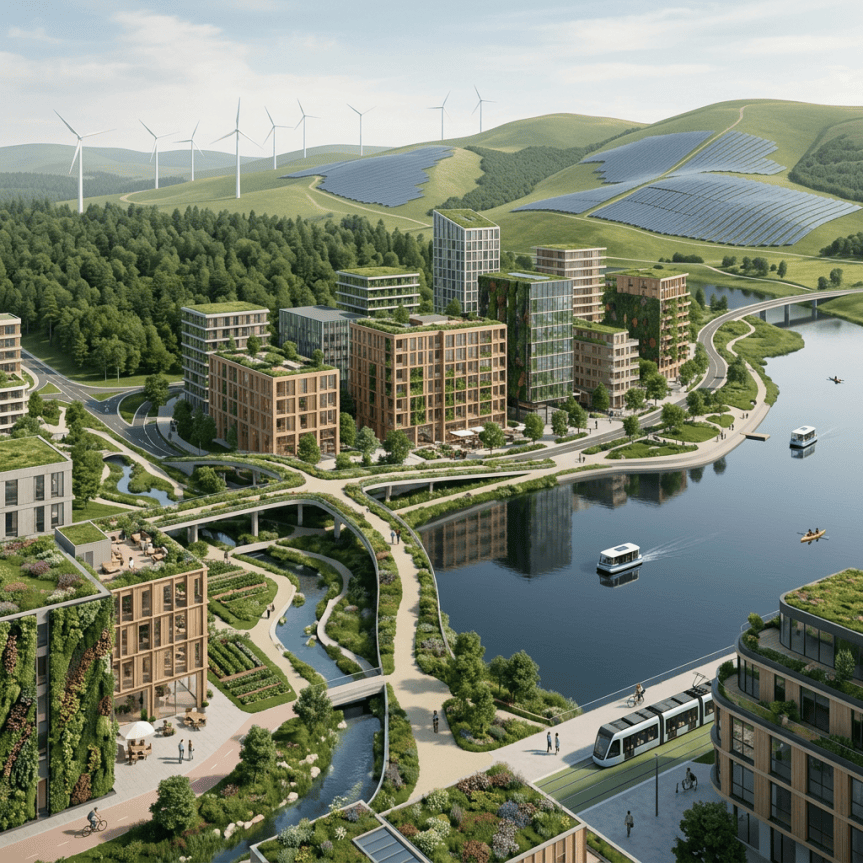 Sustainable waterfront city with green buildings, solar panels, and wind turbines