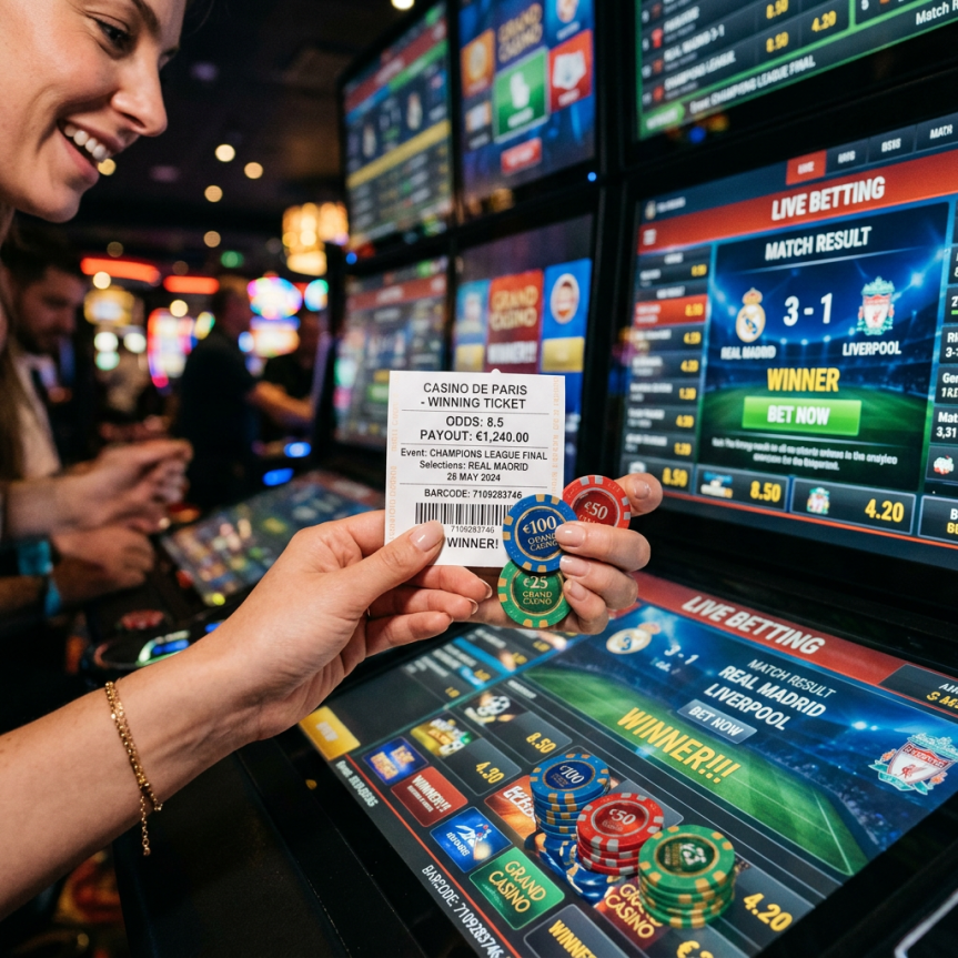 Winning Champions League ticket reading Real Madrid, payout €1,240, and winner