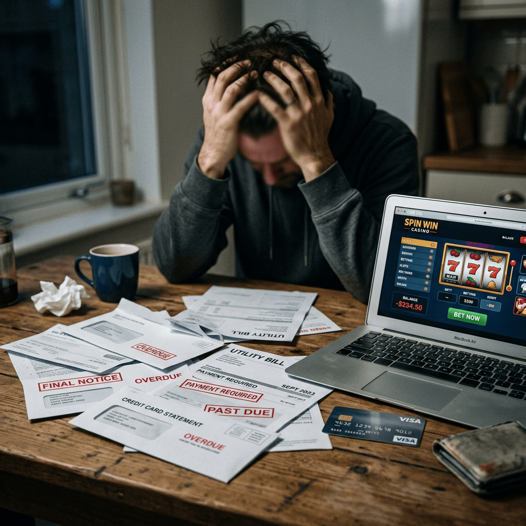 Distressed man surrounded by overdue bills and online casino losses