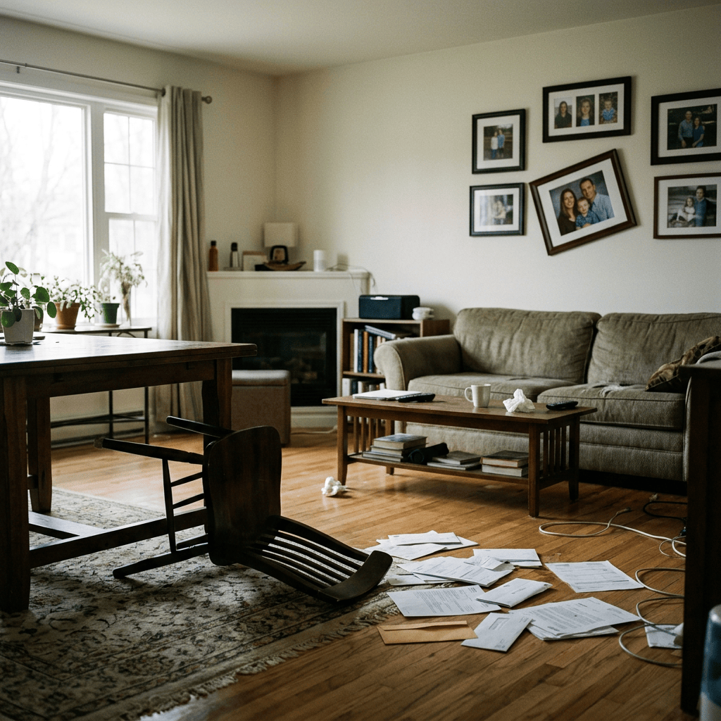 Warm family room with scattered papers and a toppled wooden chair