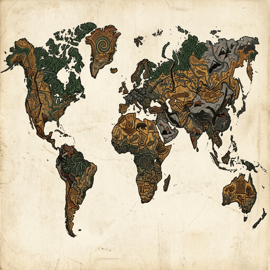 Stylized world map with continents filled with intricate cultural patterns