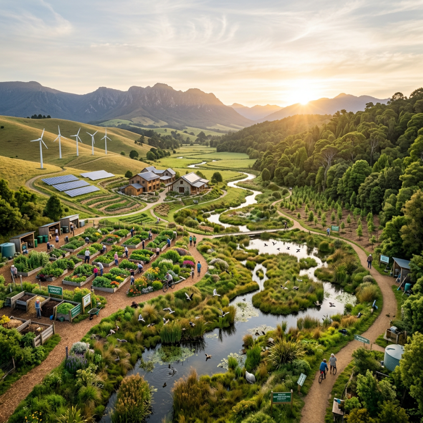 Community farm with gardens, wetlands, wind turbines, and mountains