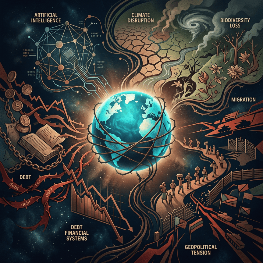 Illustration labeled Artificial Intelligence, Climate Disruption, Biodiversity Loss, Migration, Debt, Debt Financial Systems, and Geopolitical Tension