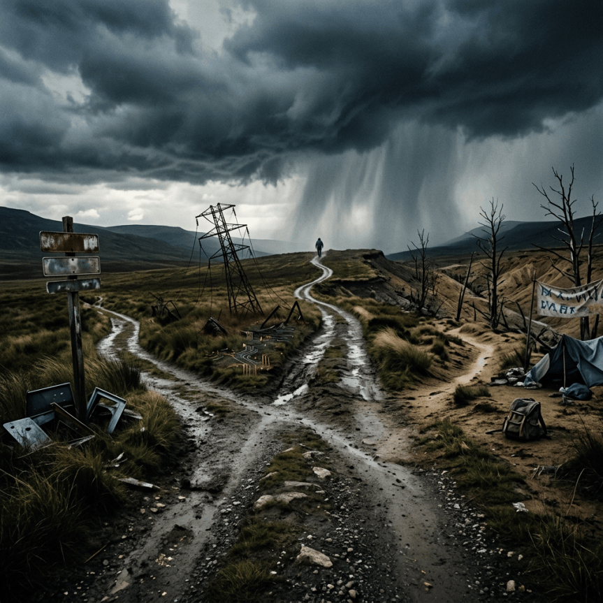Lone traveler walking a muddy trail beneath dark storm clouds and heavy rain
