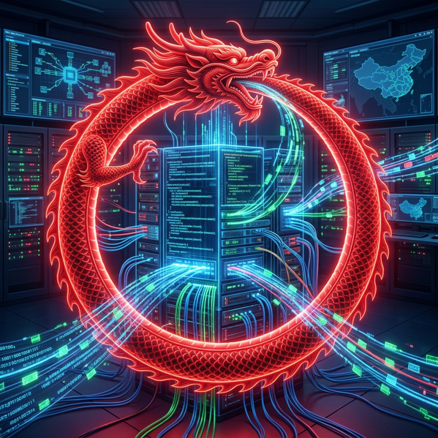 Glowing red dragon encircling servers and flowing data in a cyber operations center
