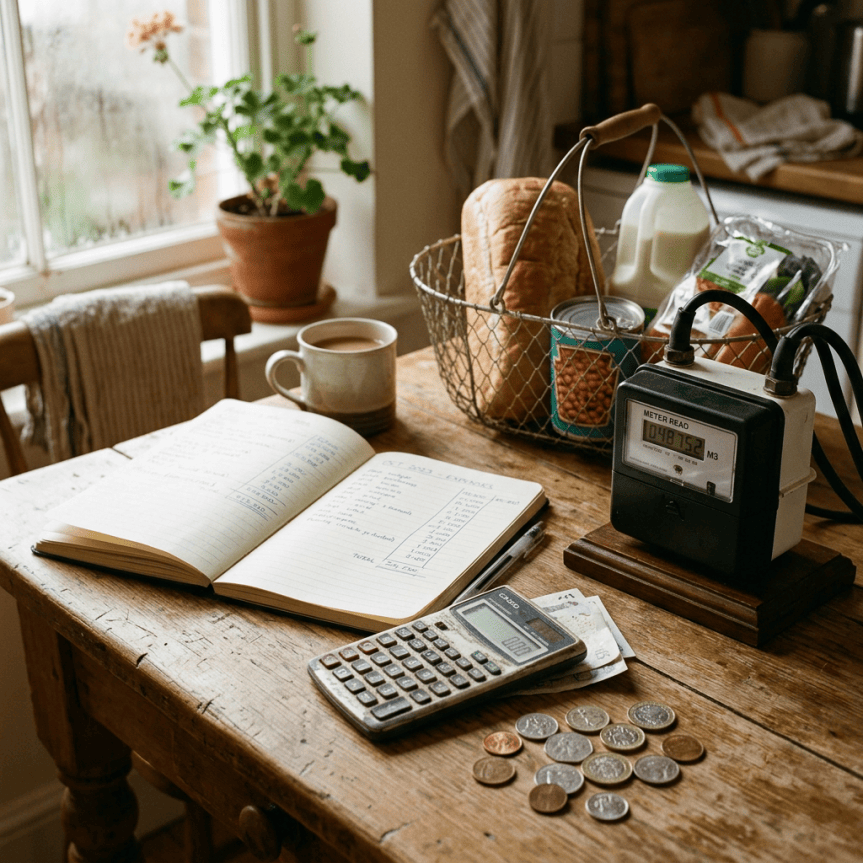 Open budget notebook beside calculator, coins, groceries, and utility meter